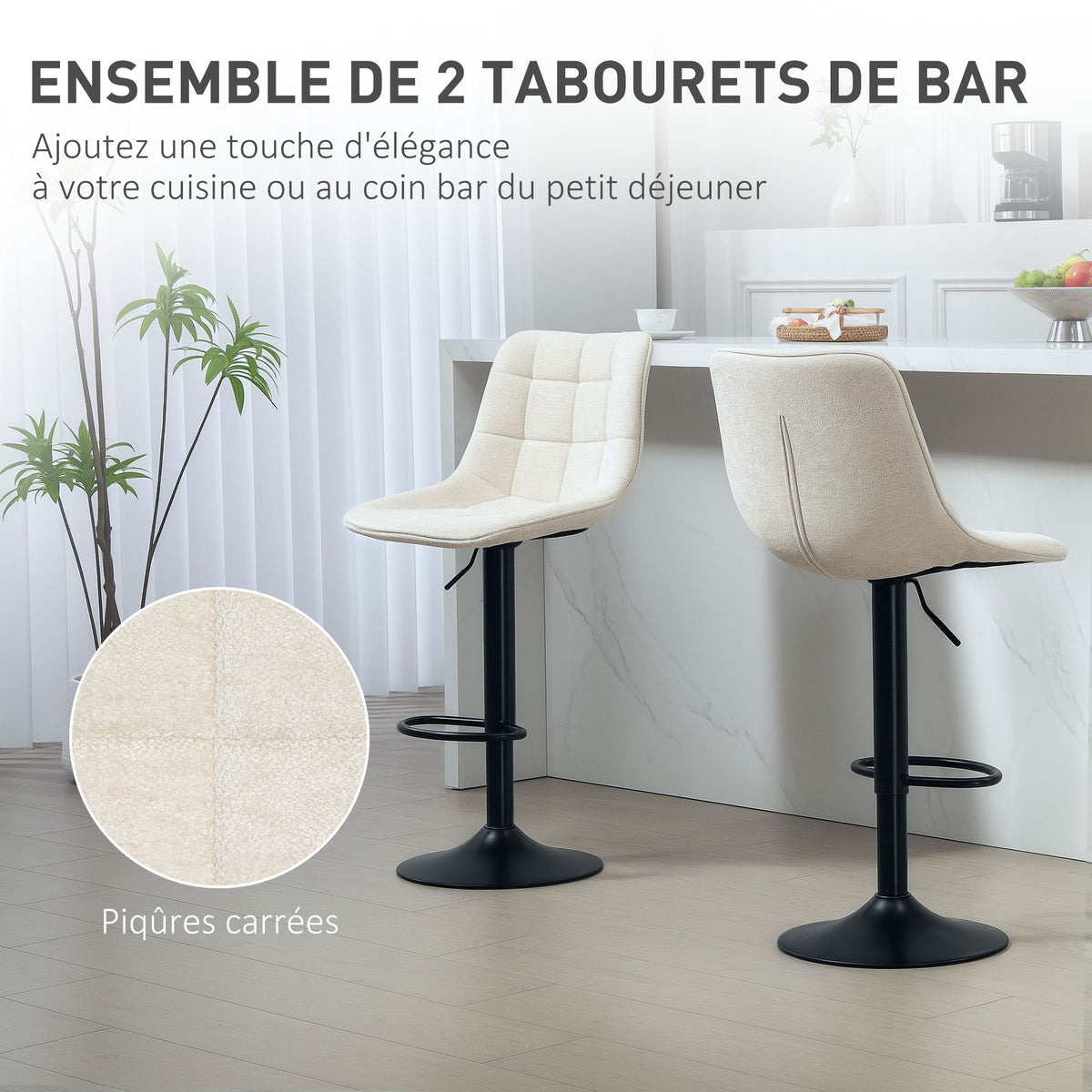 Lot de 2 tabourets de bar, chaises de bar en chenille hauteur réglable avec dossier pivotant 360° 47x48x117,5cm beige-3