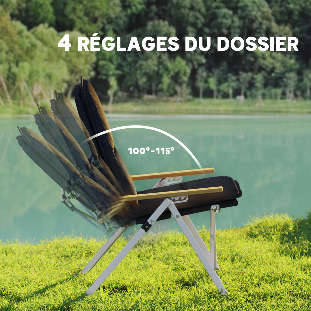 Chaise de camping chaise de pêche pliante, dossier haut, coussin amovible et sac de transport, 59x67x96cm, noir-3