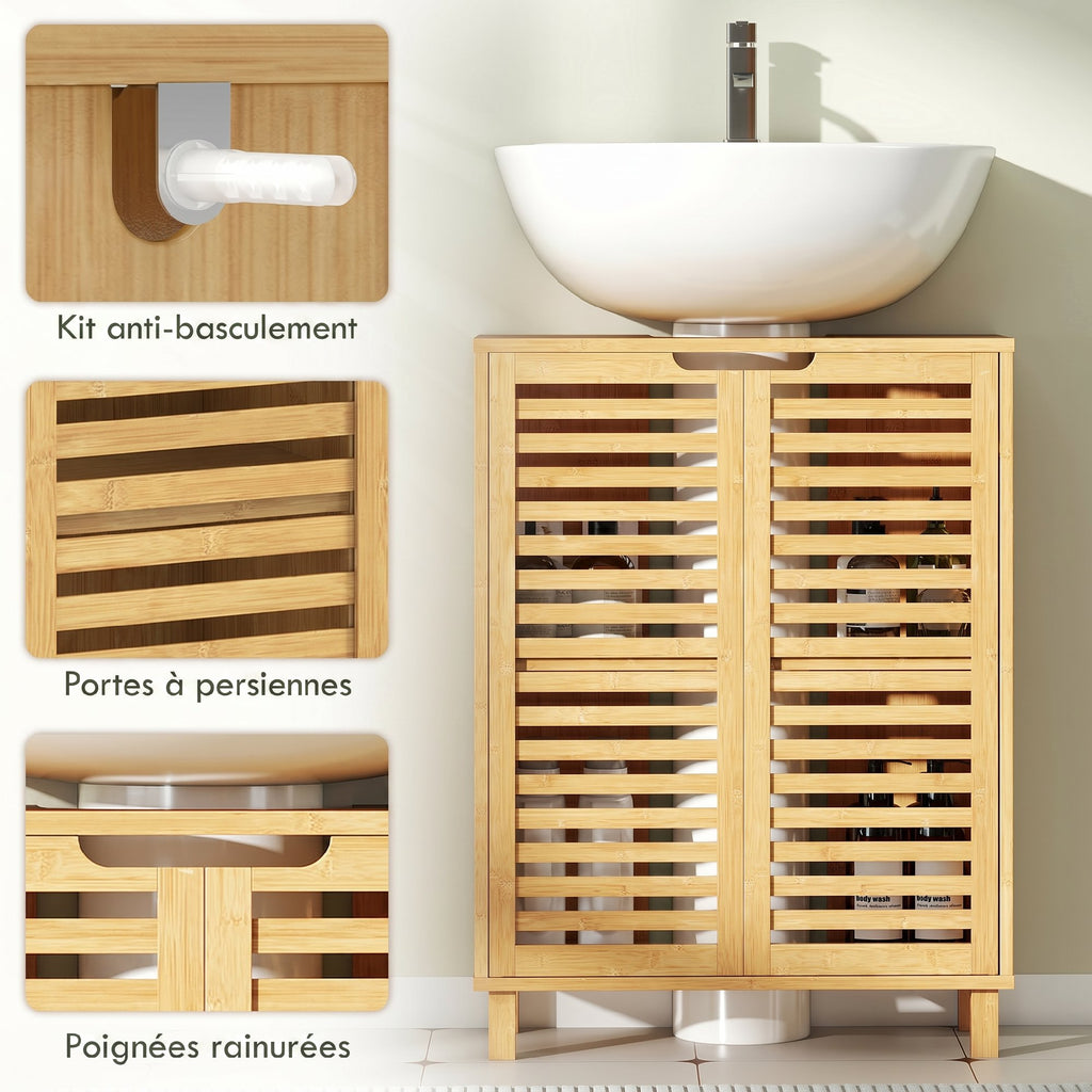 Meuble sous Lavabo en Bambou, Meuble de Salle de Bain avec 2 Portes Persiennes, Étagère Réglable, Bois Naturel-6