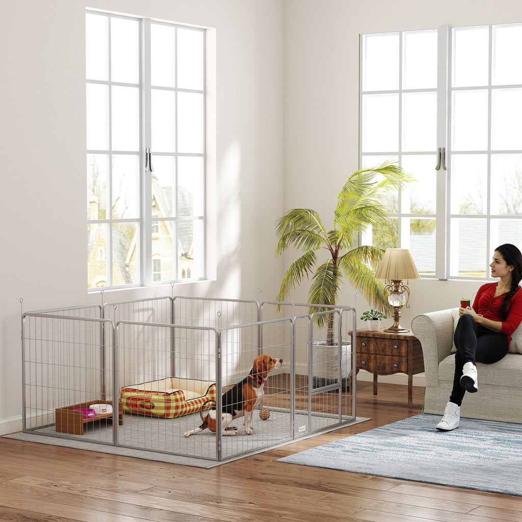 Parc pour chien enclos chien 8 panneaux modulable pliable acier avec porte pour chiot intérieur extérieur 80H cm argent-9