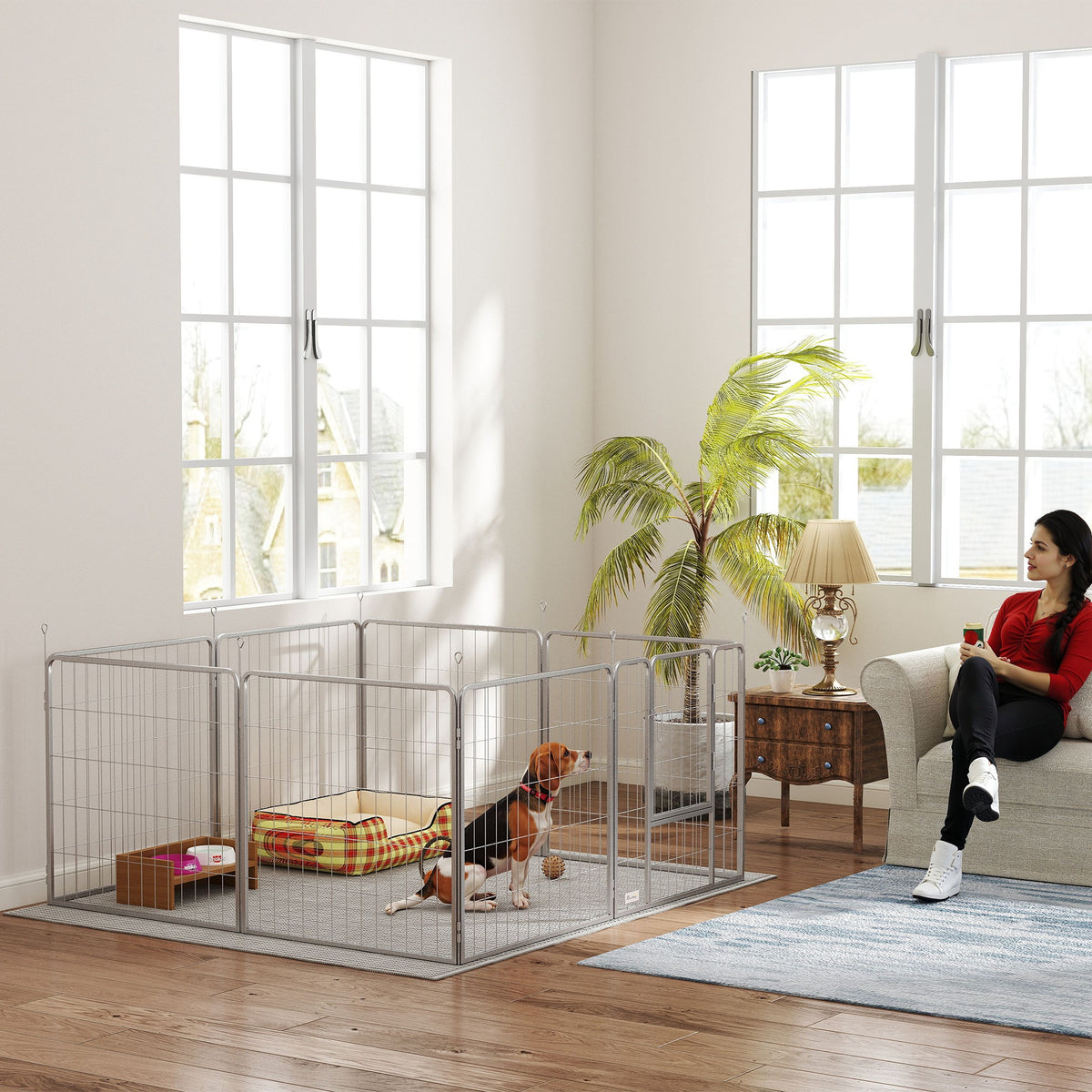 Parc pour chien enclos chien 8 panneaux modulable pliable acier avec porte pour chiot intérieur extérieur 80H cm argent-9