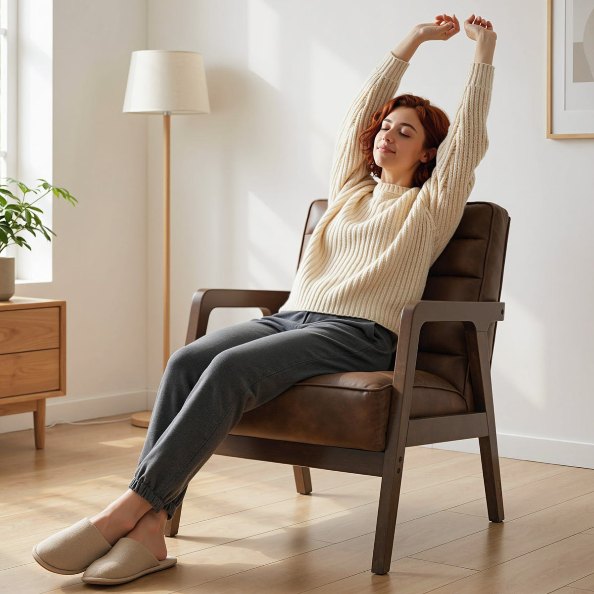 Fauteuil salon, fauteuil d'appoint rembourré en PU avec large assise, coussin épais et structure en bois massif, marron-8