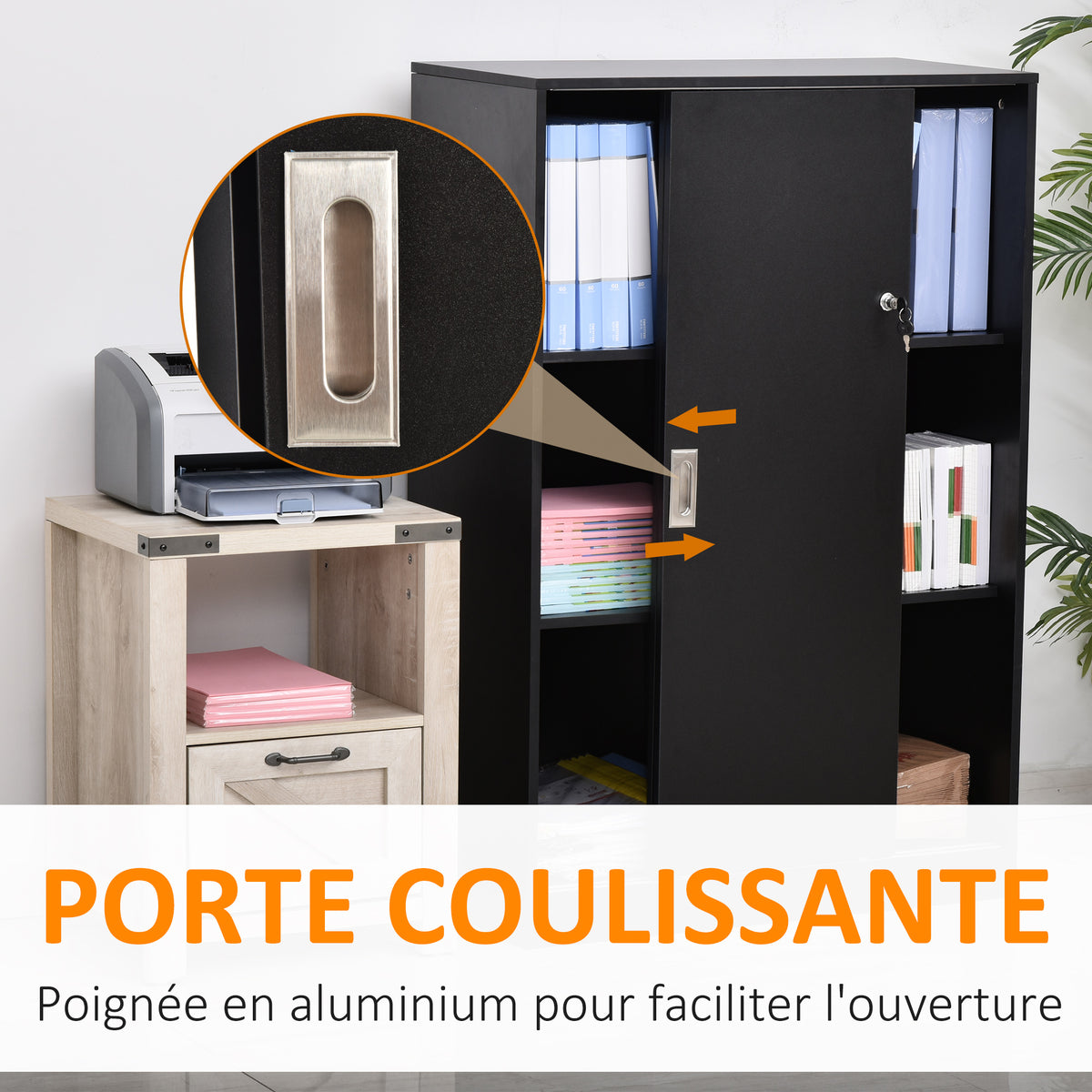 Armoire de Bureau 2 Portes coulissantes verrouillables dim. 80L x 40l x 120H cm 2 étagères Panneaux Particules Noir-4