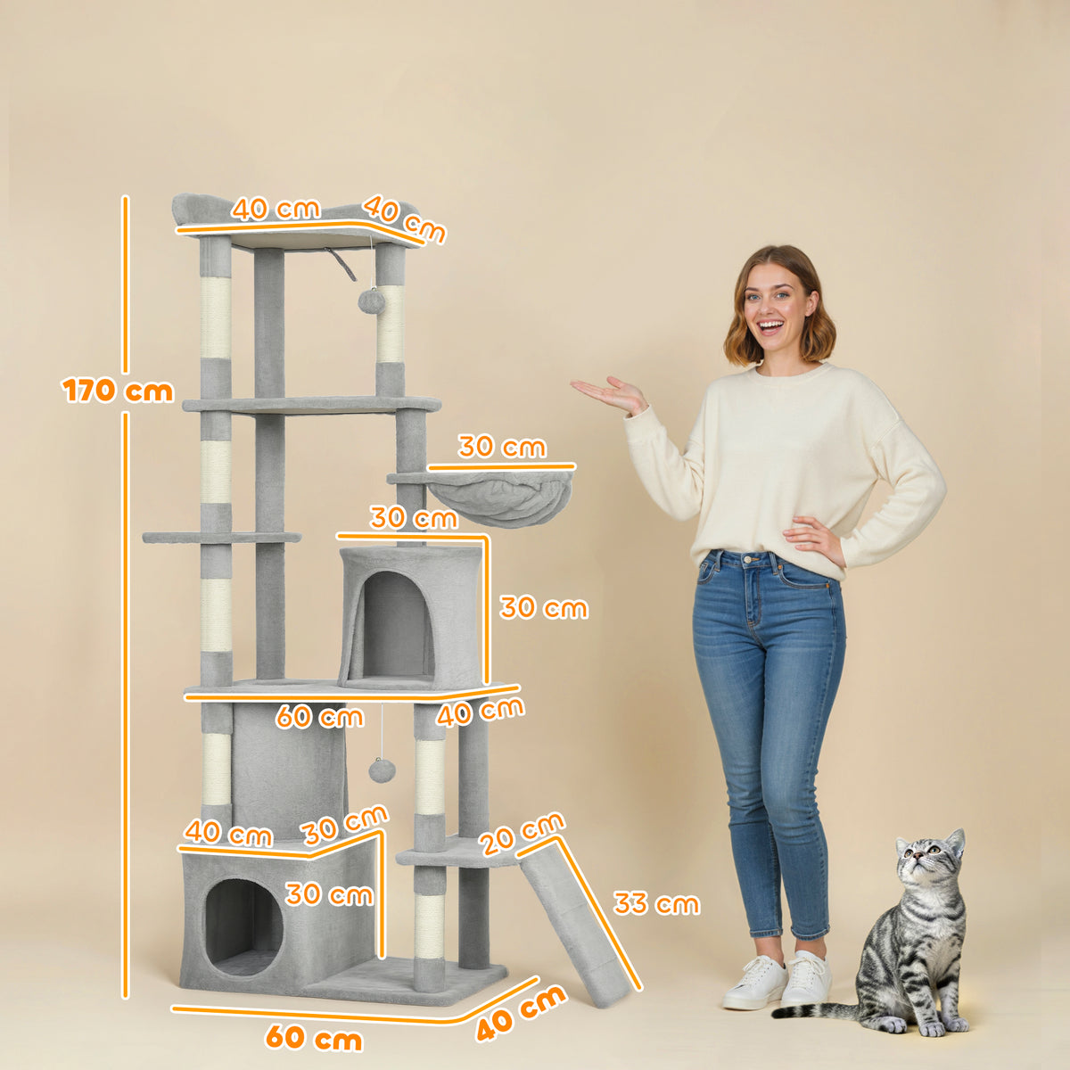 Arbre à chat tour de jeux 7 poteaux à griffer 3 platesformes 2 niches tunnel hamac et 2 pompons 170 cm gris foncé-2