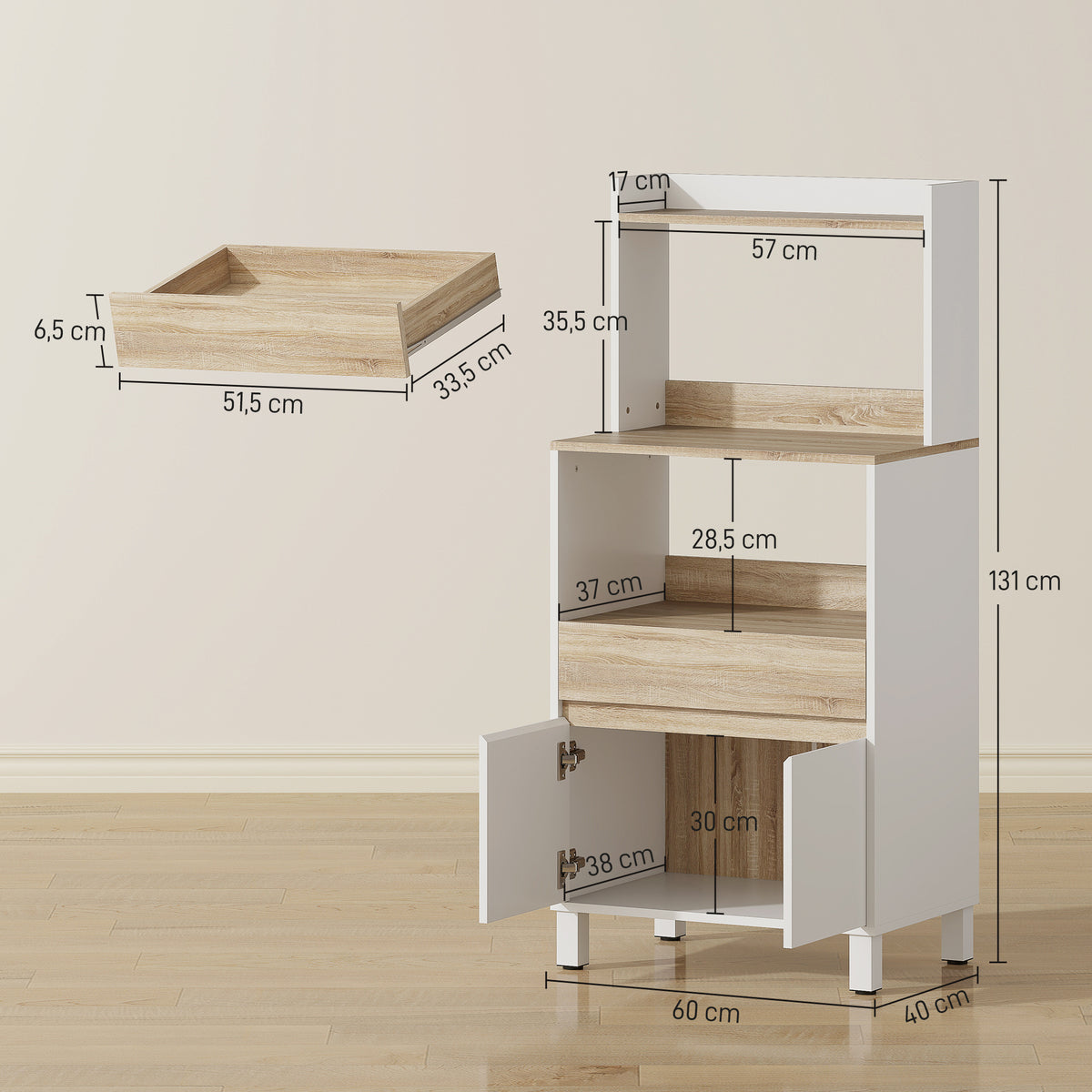 Meuble micro onde, buffet cuisine avec placard tiroir étagère supérieur, 60 x 40 x 131 cm chêne et blanc-2