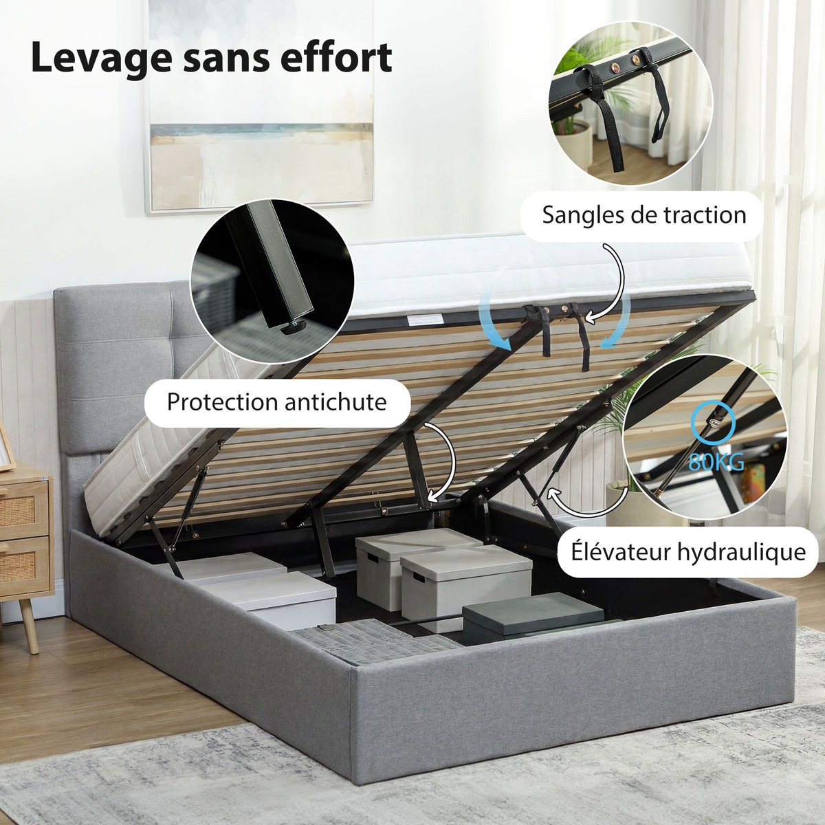 Lit coffre 140x190, cadre de lit double rembourré avec sommier à lattes en bois et rangement cach, sans matelas, gris-4