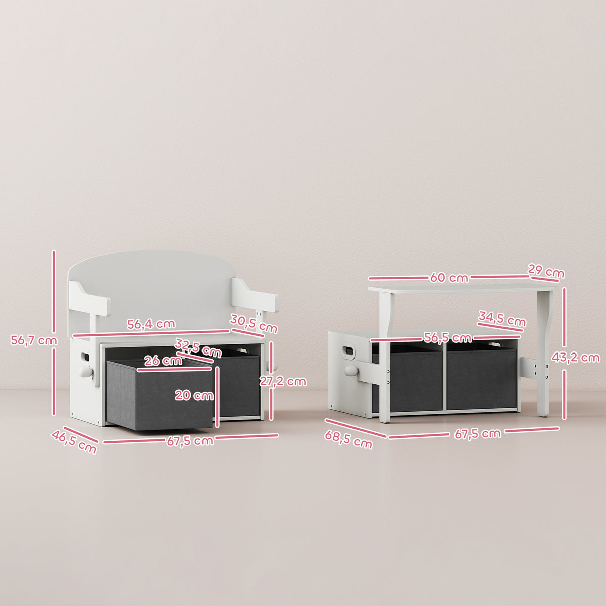 Coffre à jouet enfant 3 en 1, ensemble table et chaises avec 2 bacs en tissu amovibles, 67,5 x 46,5 x 56,7 cm, blanc-2
