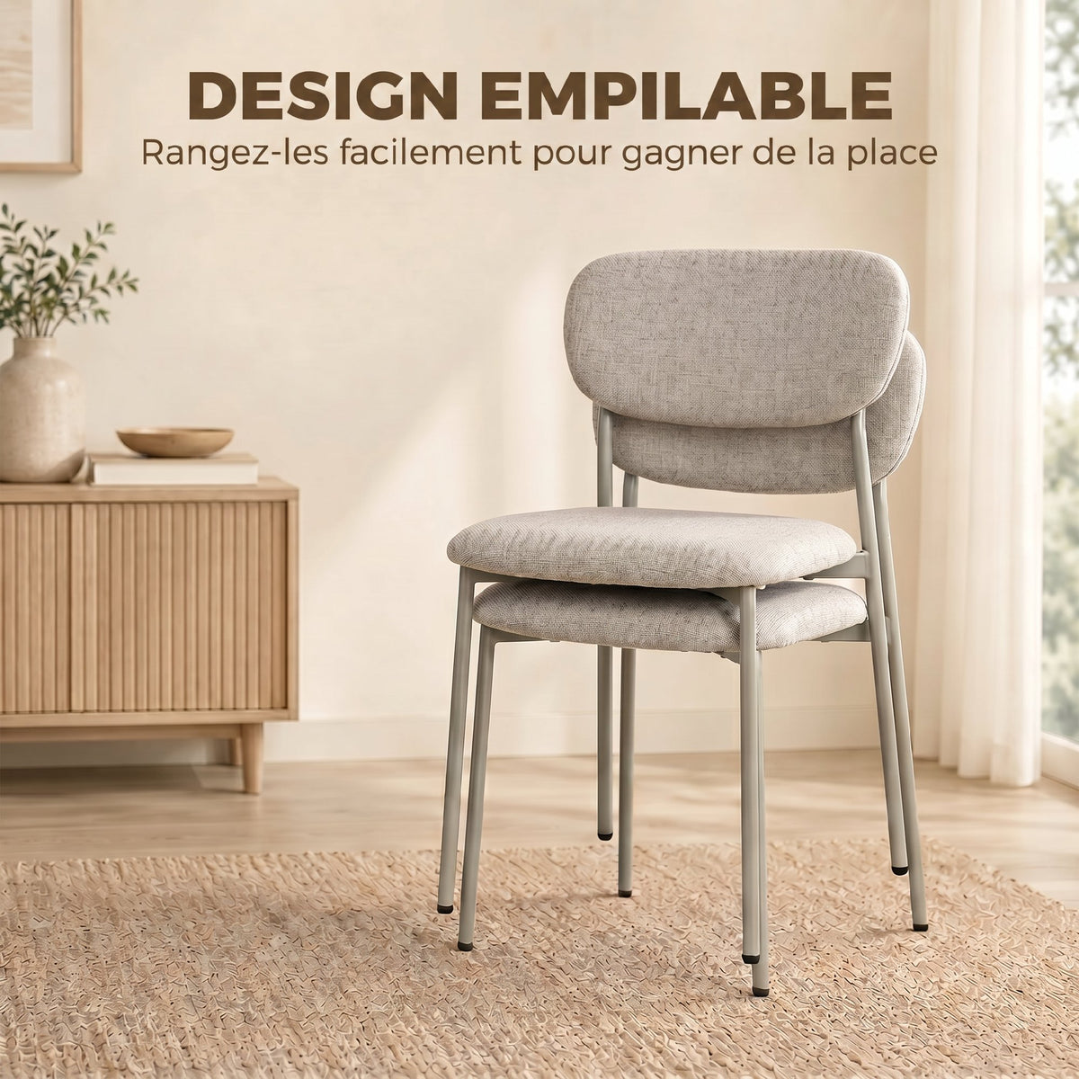 Lot de 2 chaises de salle à manger modernes, chaises de cuisine empilables en tissu effet lin, marron clair-4