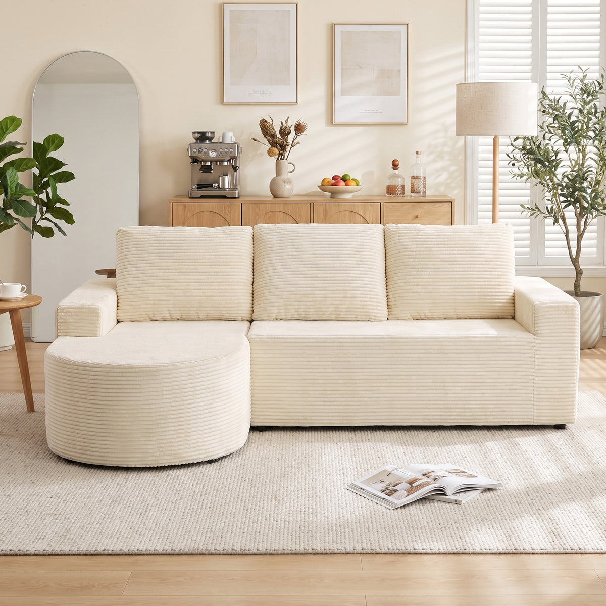 Canapé d'Angle 3 Places en Velours Côtelé, Canapé Compressé en L 235cm, Méridienne Incurvée, Assise Profonde, Beige-1