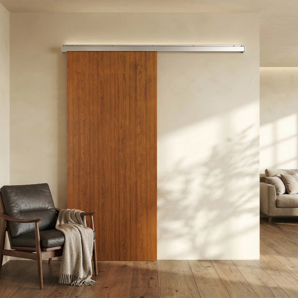 Porte Coulissante 90 x 210 cm Porte avec Kit de Quincaillerie Moderne Rail Silencieux Surface en PVC Imperméable Marron-7
