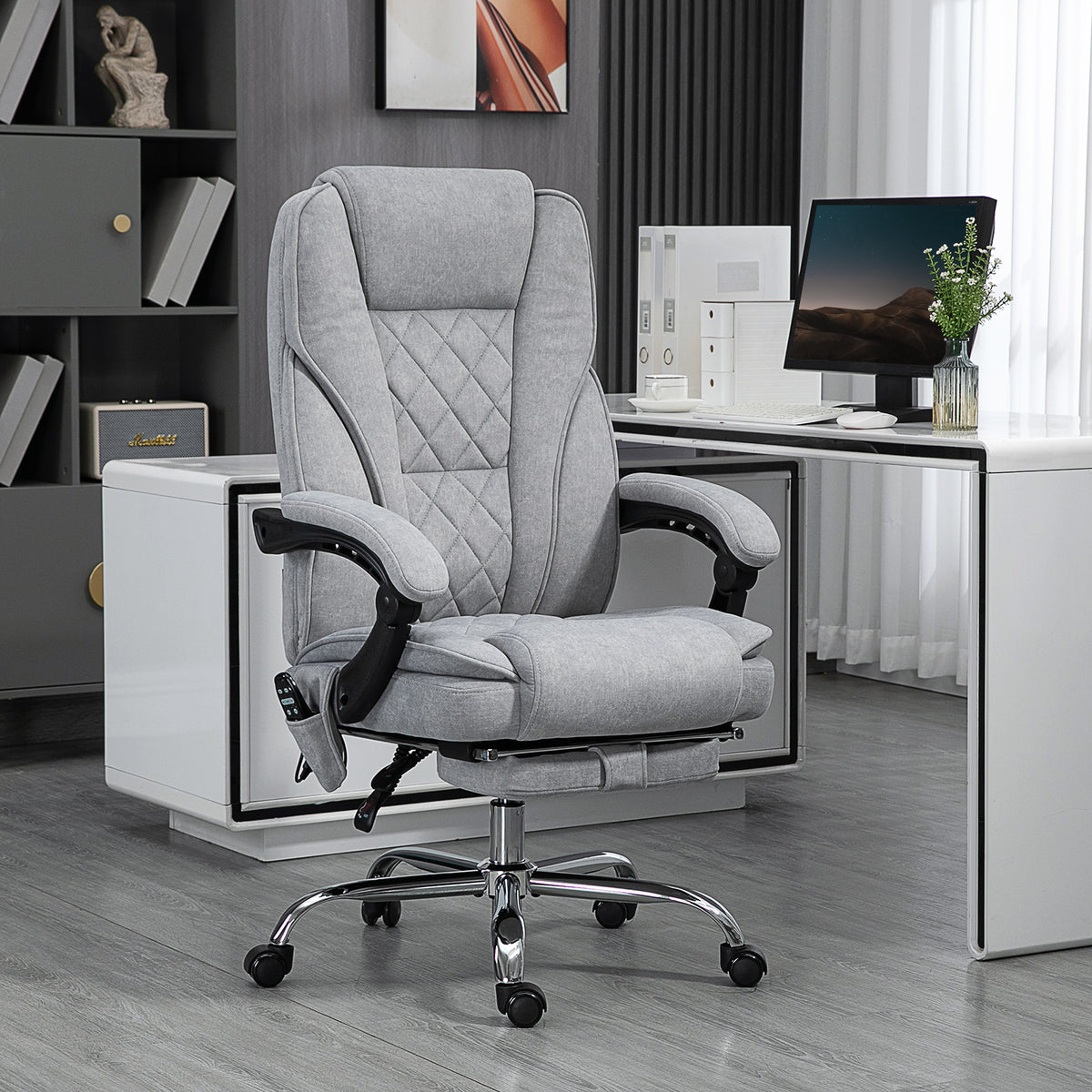 Fauteuil de bureau massant et chauffant hauteur réglable dossier inclinable télécommande repose-pieds rétractable gris-1