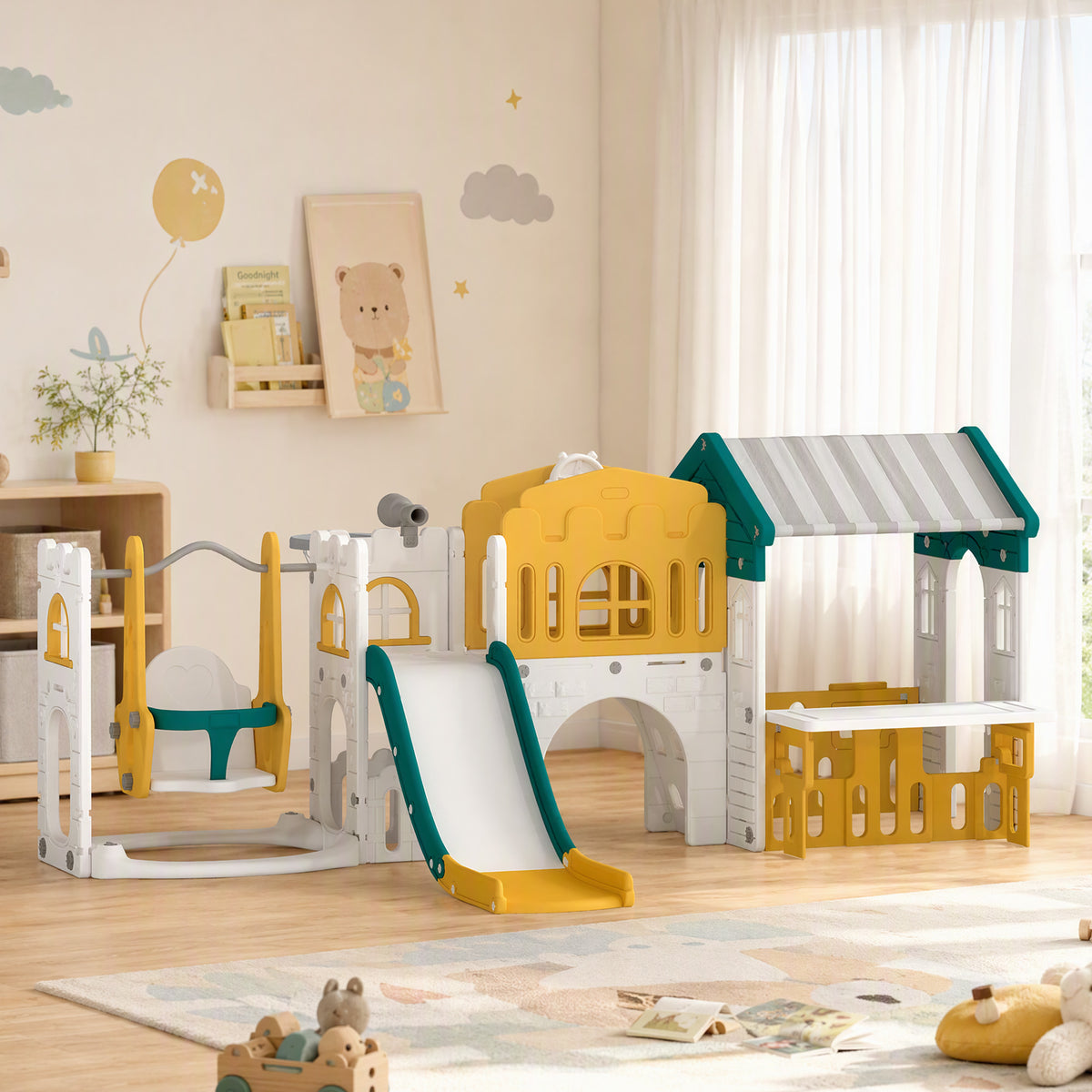 Ensemble Toboggan et Balançoire 11 en 1 Enfants, Aire de Jeux Intérieure, Maisonnette, Panier de Basket, 1-4 Ans, Jaune-1