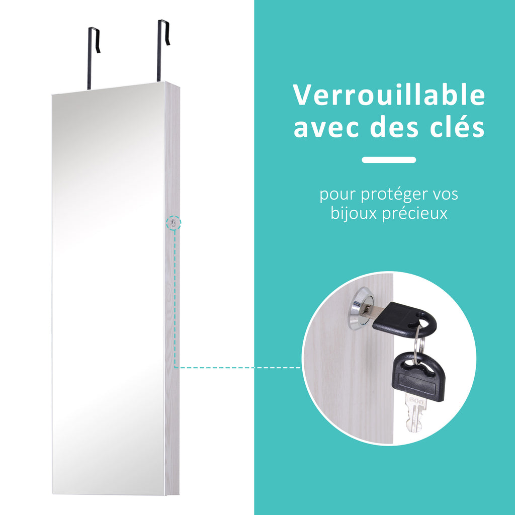 Armoire à bijoux suspendue au mur ou à la porte avec miroir, LED, 5 étagères, 2 tiroirs, 37x10x120cm, effet bois grisé-4