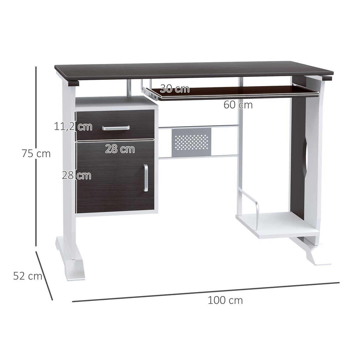 Bureau d'ordinateur, 100 x 52 x 75 cm, bureau avec tablette coulissante pour clavier, tiroirs et support d'unité centrale, table informatique pour étudier noyer foncé et blanc-2