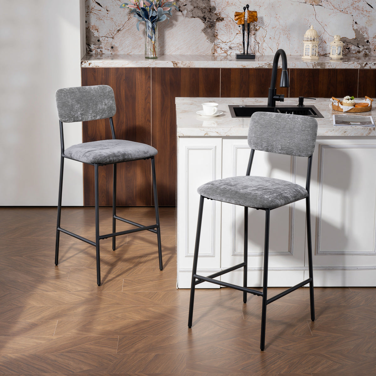 Lot de 2 tabourets de bar en tissu chenille, chaises de bar rembourrées, assise large, dossier haut, 45,5x48x101cm, gris-1