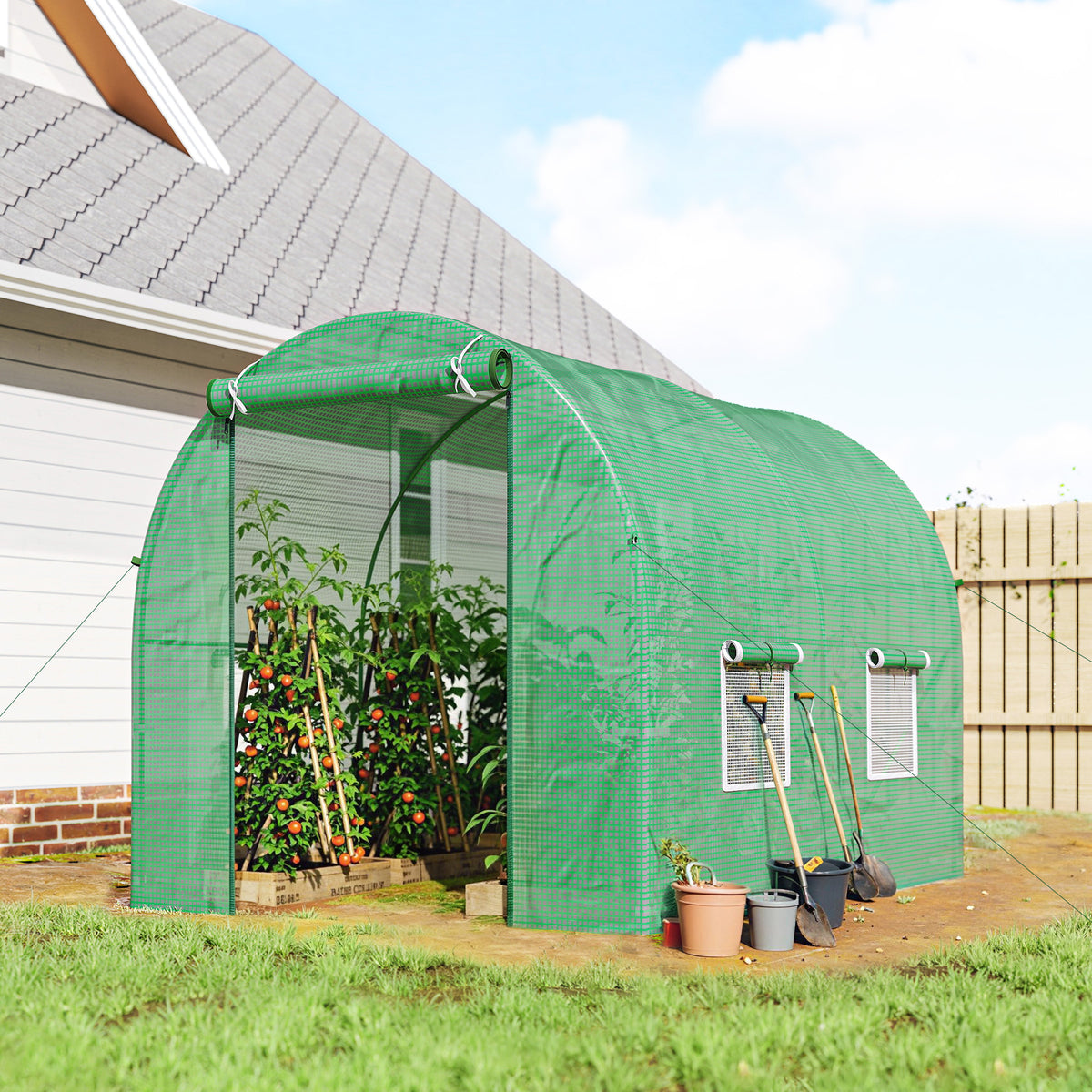 Serre de Jardin Tunnel 5 m² 2,5L x 2l x 2H m Acier renforcé Ø 1,8 cm + PE Haute densité 140 g/m² fenêtres Vert-1