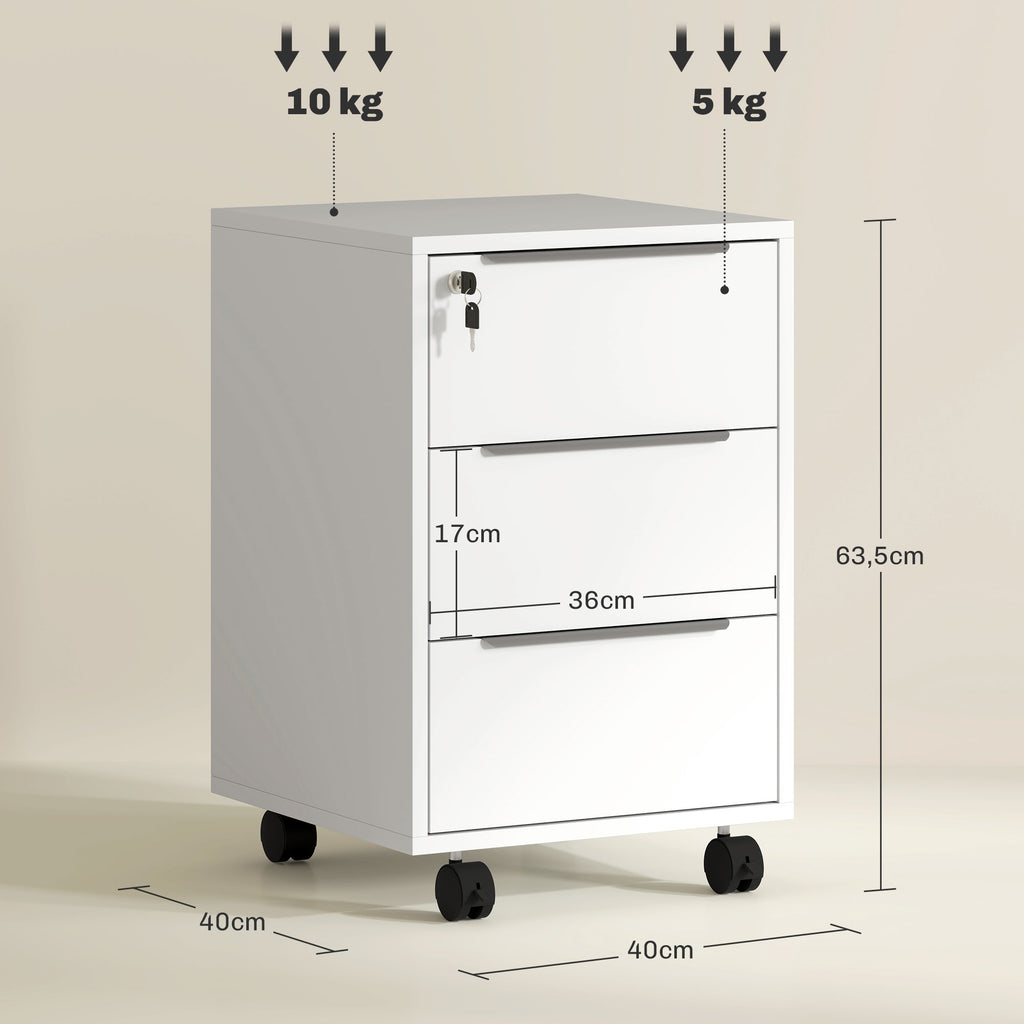 Caisson de bureau à roulettes avec 3 tiroirs et serrure pour dossiers 40 x 40 x 63,5 cm blanc-2