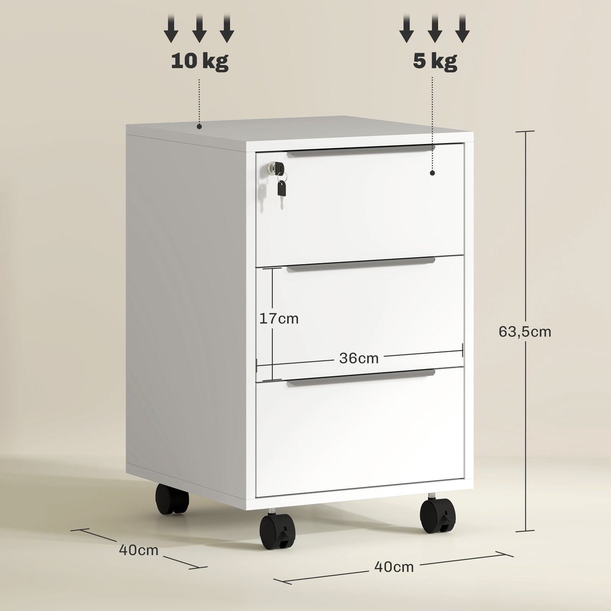 Caisson de bureau à roulettes avec 3 tiroirs et serrure pour dossiers 40 x 40 x 63,5 cm blanc-2