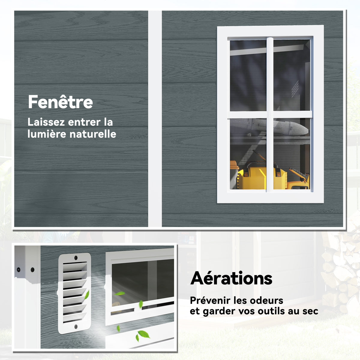 Abri de Jardin en Résine Cabanon de Rangement Double Porte 3 Fenêtres et 2 Aérations Anti-UV avec Plancher 3,3 m² Gris-4