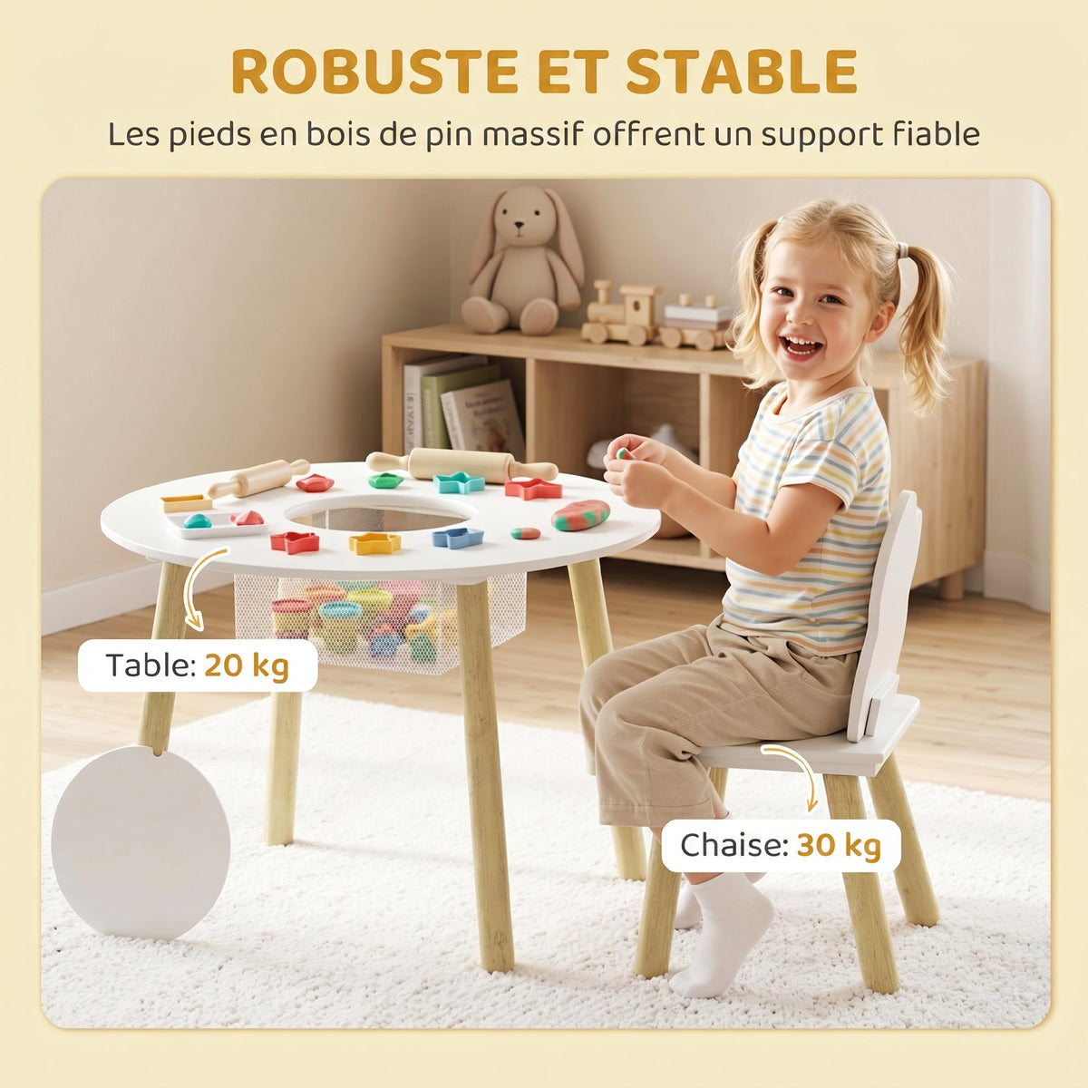 Table enfant avec chaise, ensemble table et 2 chaises en bois avec sac de rangement pour dessiner, jouer, étudier, blanc-6
