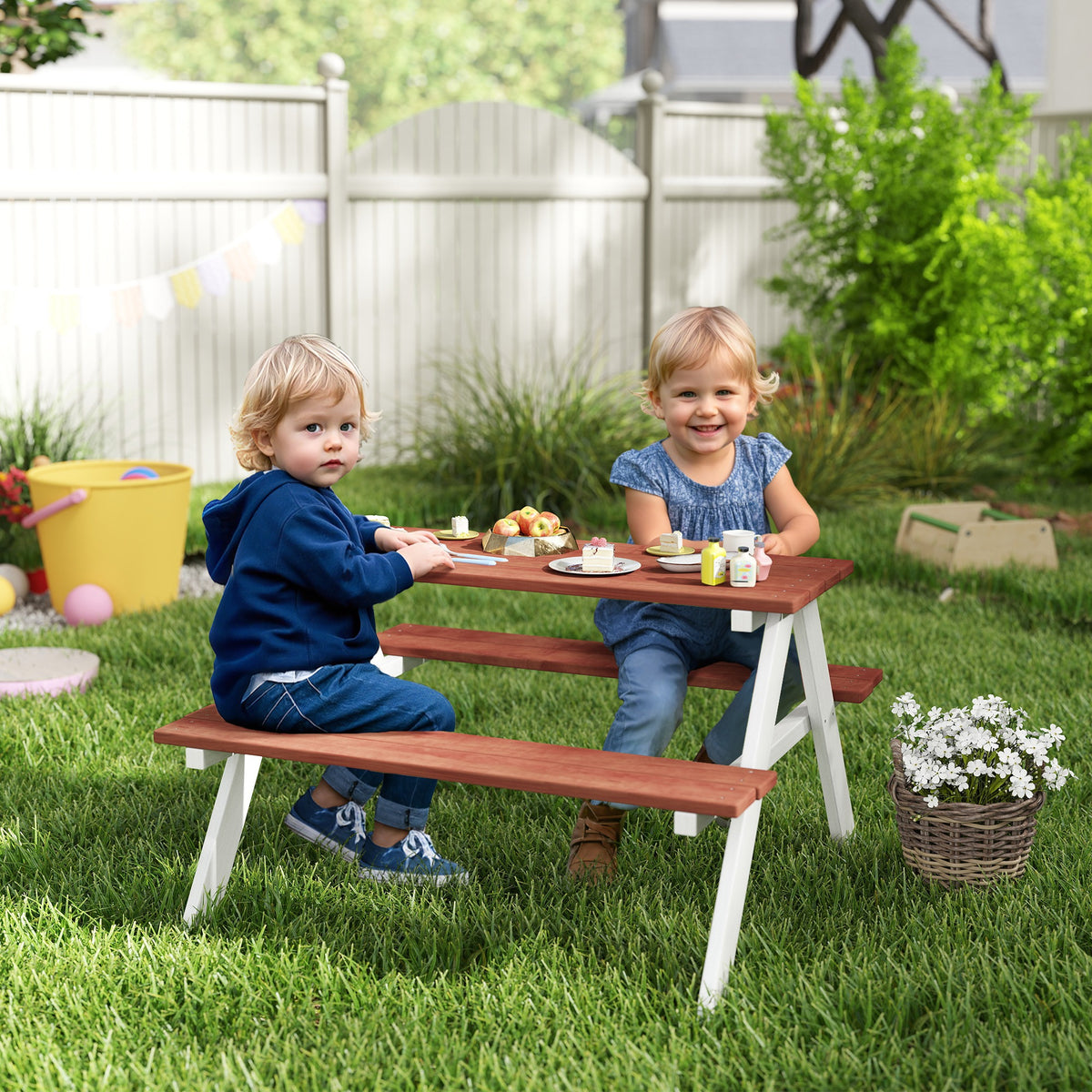 Table de pique-nique pour enfants avec bancs en bois massif table enfant pour le jardin 89 x 79 x 50 cm marron et blanc-1