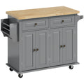 Îlot Central Cuisine avec Plateau en Hévéa, Desserte de Cuisine sur Roulettes avec 2 Tiroirs, 111 x 44,5 x 82,5 cm, Gris-0