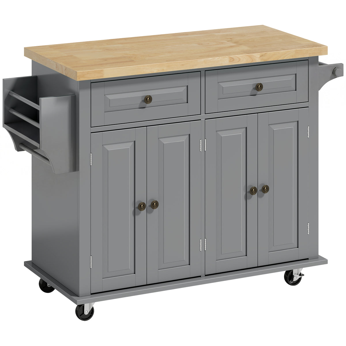 Îlot Central Cuisine avec Plateau en Hévéa, Desserte de Cuisine sur Roulettes avec 2 Tiroirs, 111 x 44,5 x 82,5 cm, Gris-0