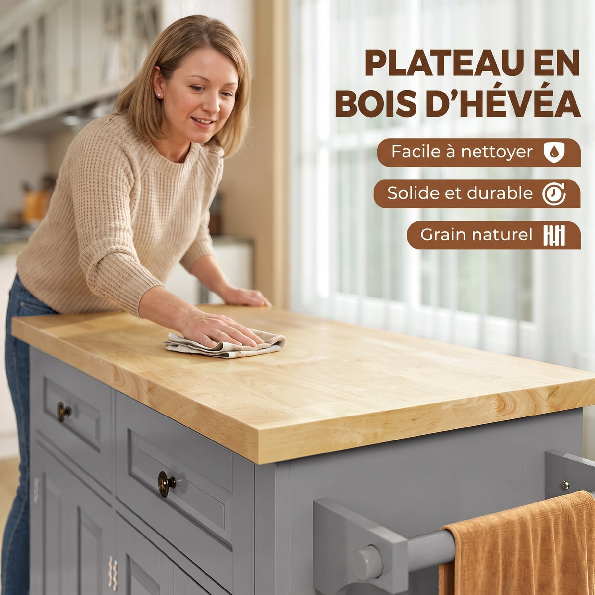 Îlot Central Cuisine avec Plateau en Hévéa, Desserte de Cuisine sur Roulettes avec 2 Tiroirs, 111 x 44,5 x 82,5 cm, Gris-3