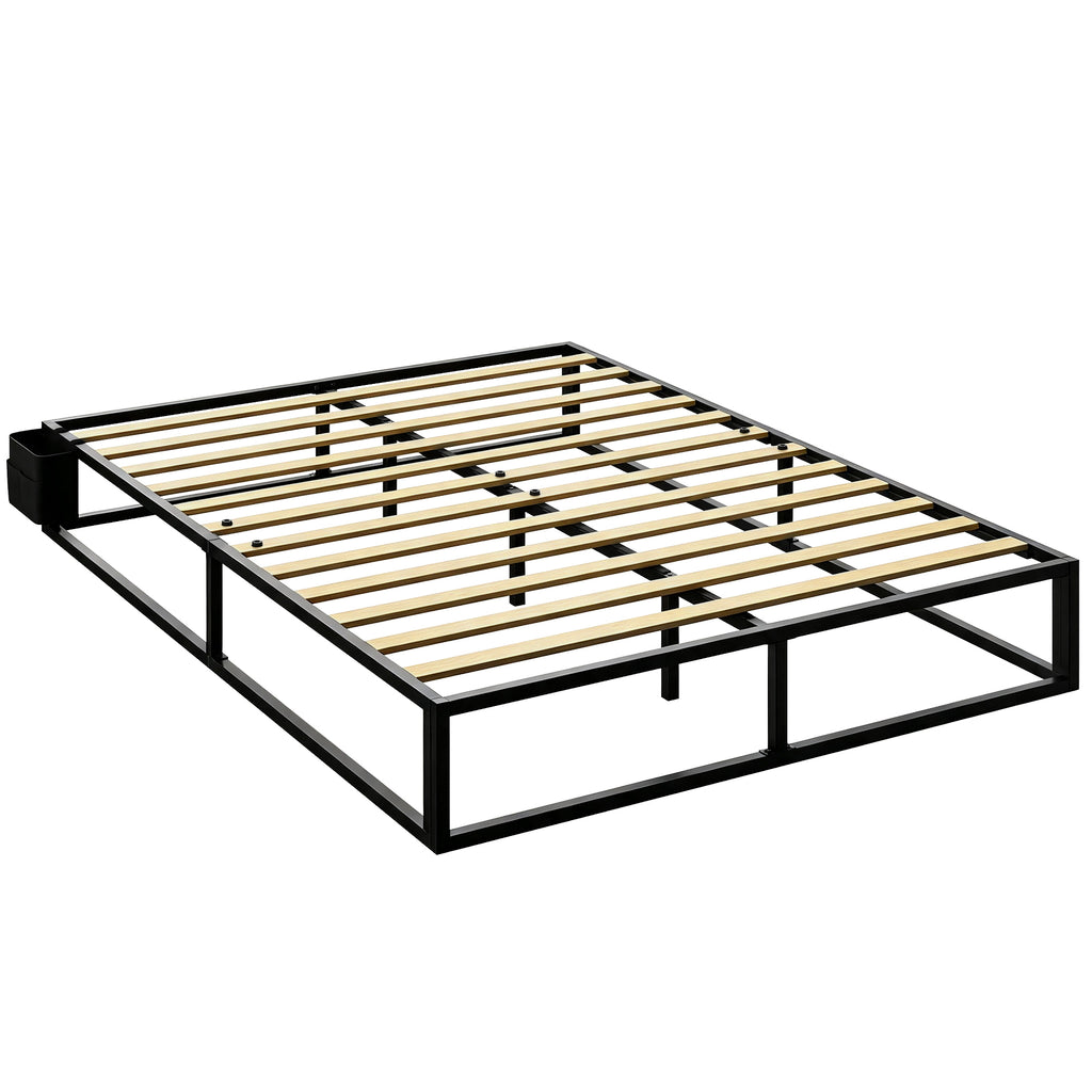 Cadre de Lit 140 x 190 cm avec Sommier, Lit Double avec Pochette de Rangement, Support à Lattes en Bois, Noir-0