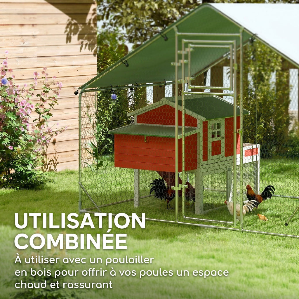 Enclos poulailler extérieur parc grillagé 6 m² avec perchoir et mangeoire acier galvanisé Ø25mm 300x200x195cm argent-8