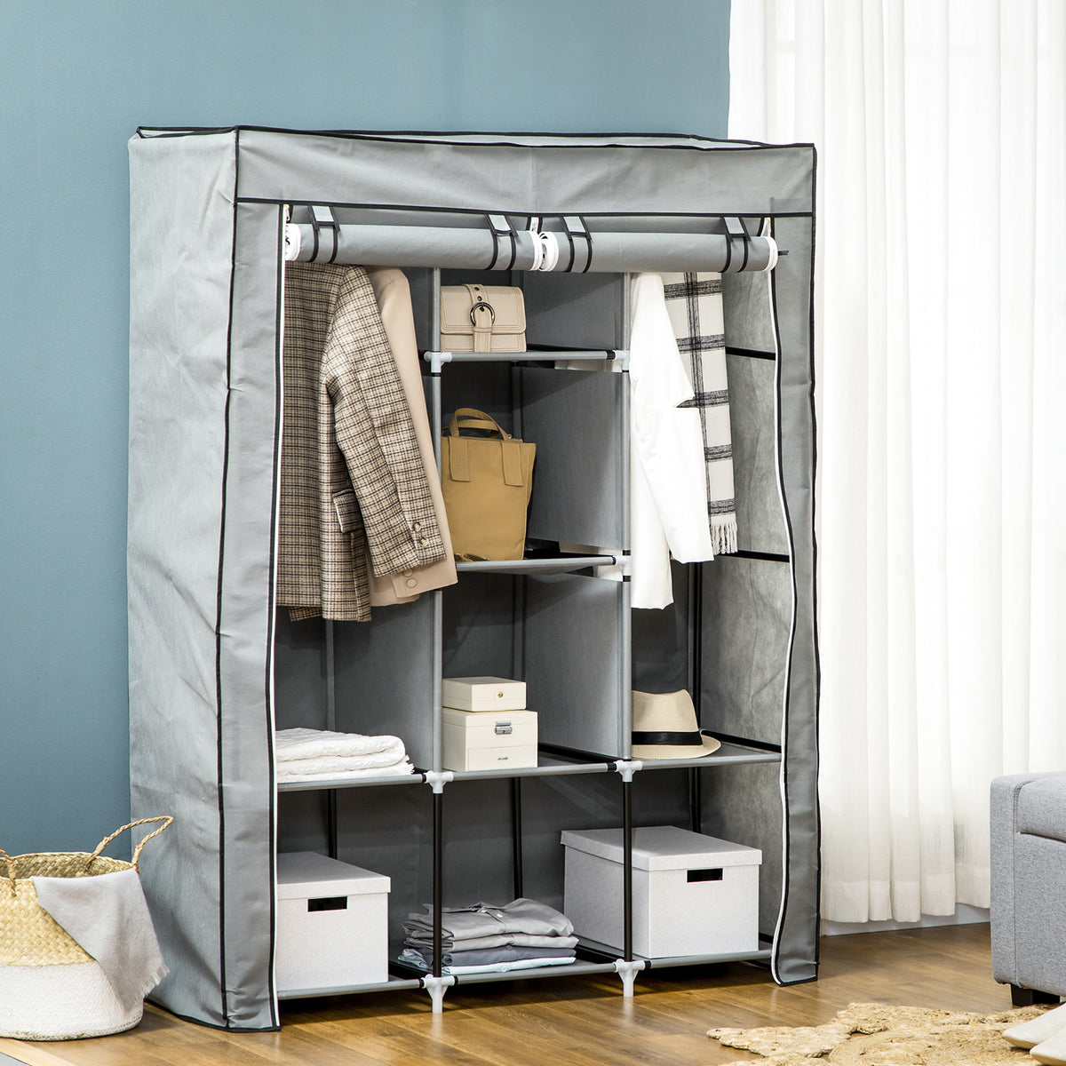 Armoire penderie multi-rangement - 8 étagères, 2 barres - non tissé gris clair-1