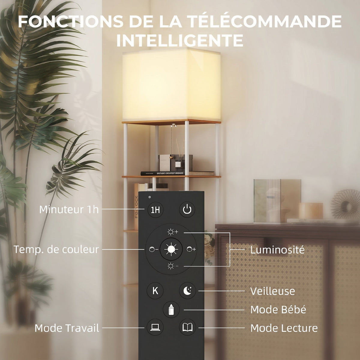 Lampadaire avec étagères, lampadaire sur pied de salon dimmable, télécommande, 40 x 29 x 171 cm, bois naturel-4