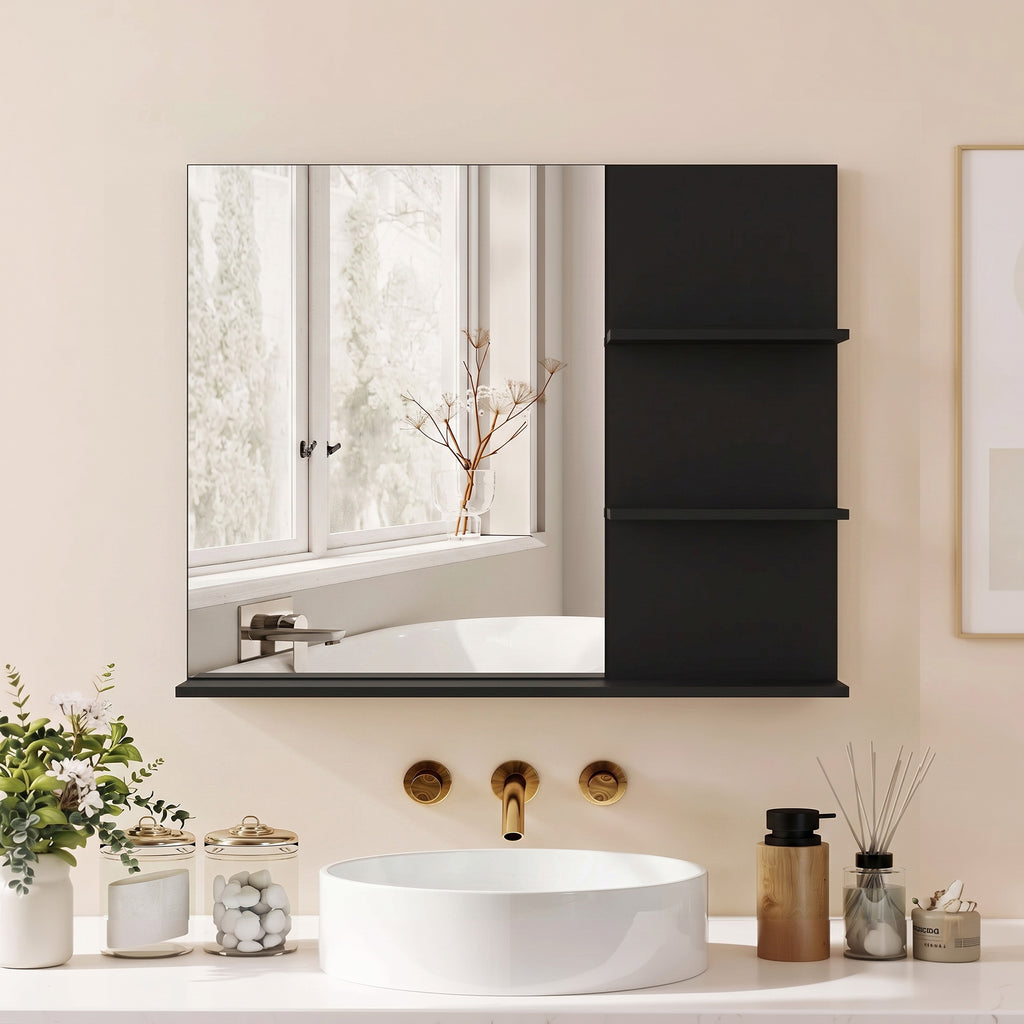 Miroir Salle de Bain avec 3 Étagères 60 x 48 cm, Miroir Mural Modern pour chambre à coucher, bureau, Noir-1