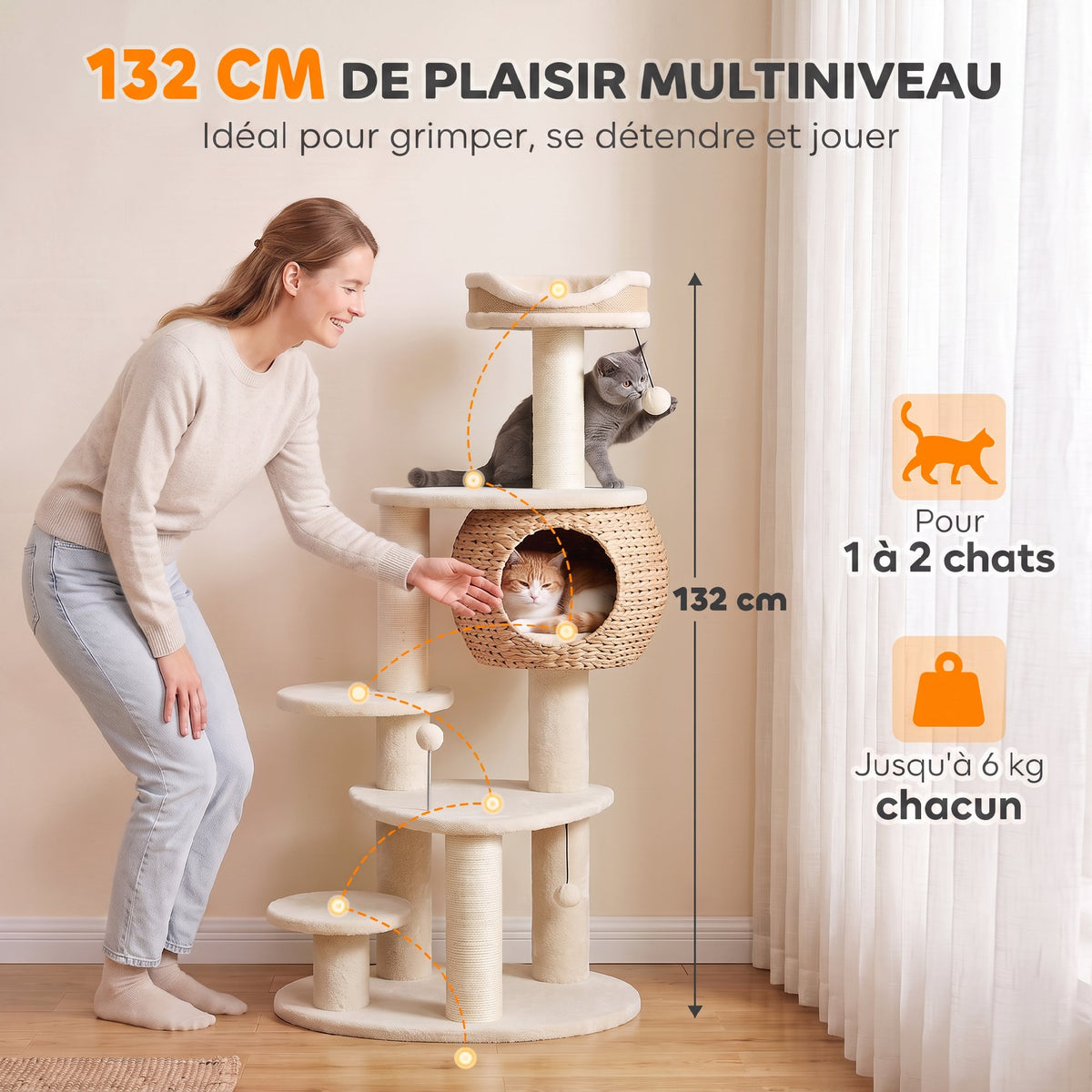 Arbre à Chat Tour pour Chat en Rotin Design 4 Niveaux avec Niche Quenouille Panier Jute et Coussin 132cm Beige-3