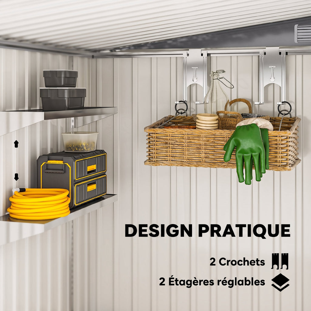 Abri de Jardin 2,81 m² avec Fondation, Abri à Outils Extérieur Adossé en Acier Galvanisé, 154x206,5x181cm, Gris Clair-4