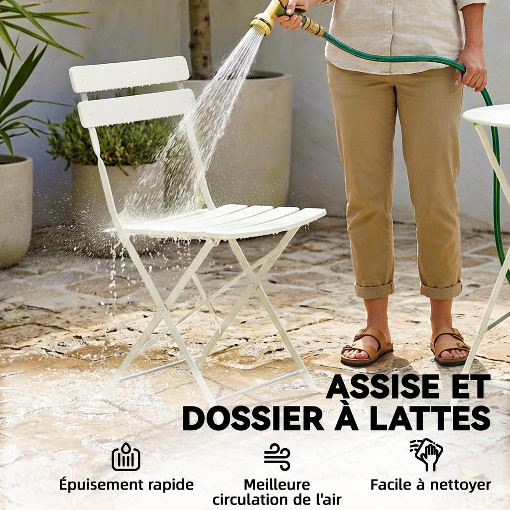 Ensemble Bistrot de Jardin 3 Pièces Table et 2 Chaises Pliantes à Lattes Double Protection Antirouille Crème-6