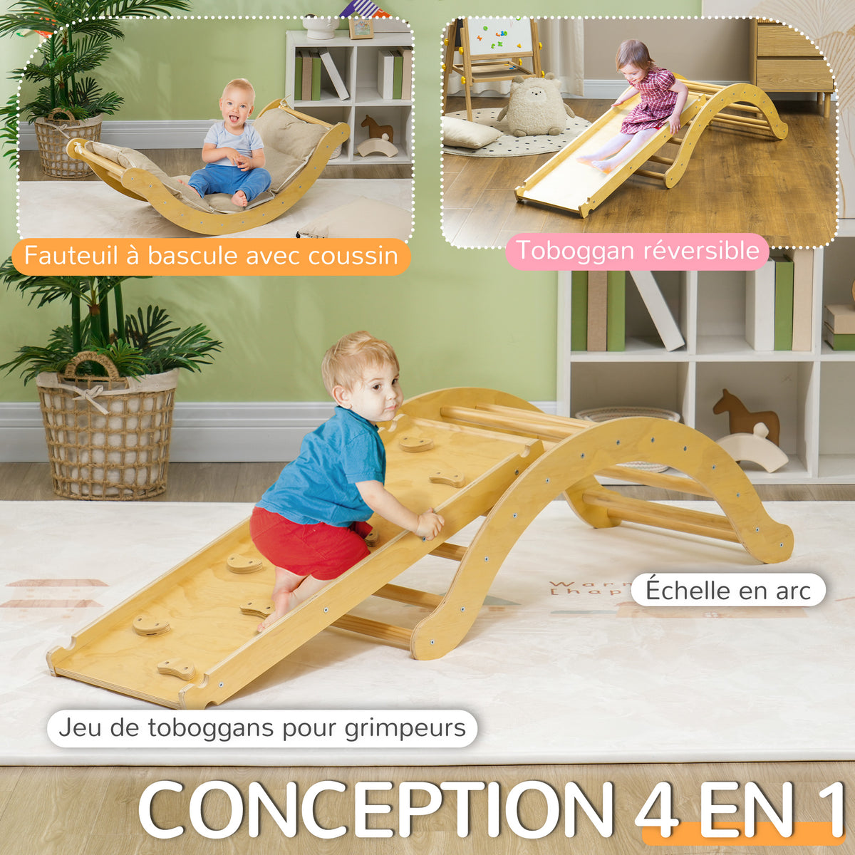 4 en 1 Arche escalade enfants, chaise à bascule, rampe d'escalade double face et coussin, 168x49,5x39,5cm, bois naturel-3