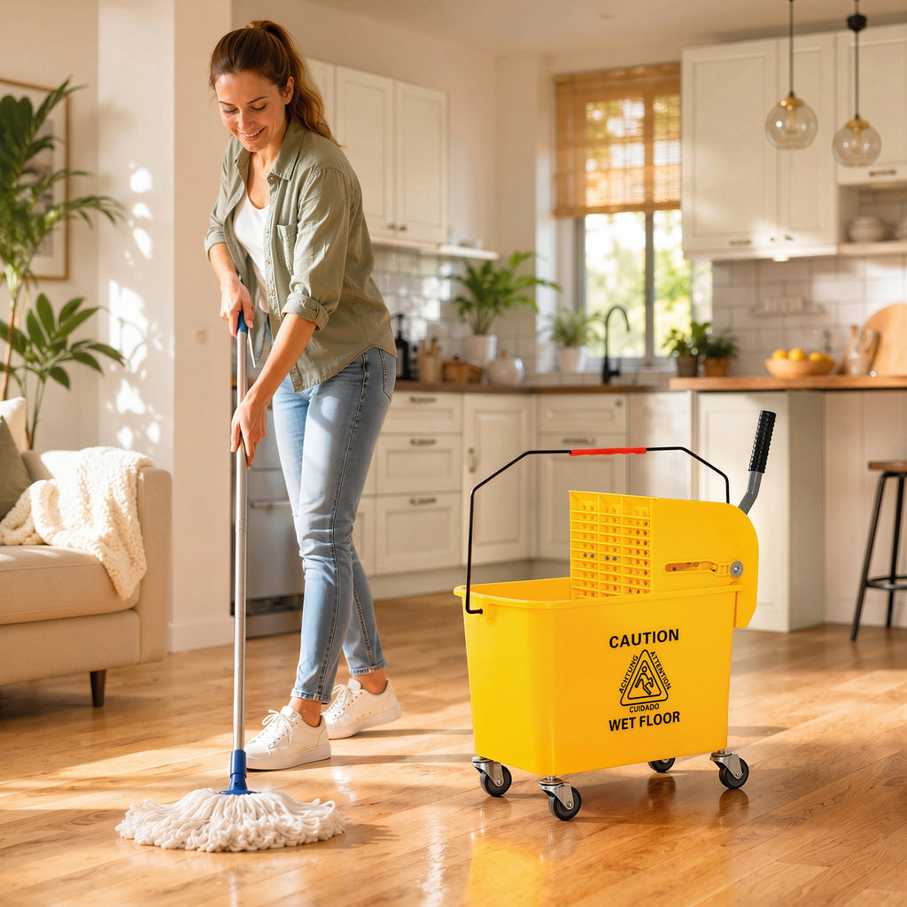 Chariot de nettoyage lavage seau de ménage 20 L avec essoreur et séparateur eau sale propre jaune 60L x 27l x 70,5H cm-9