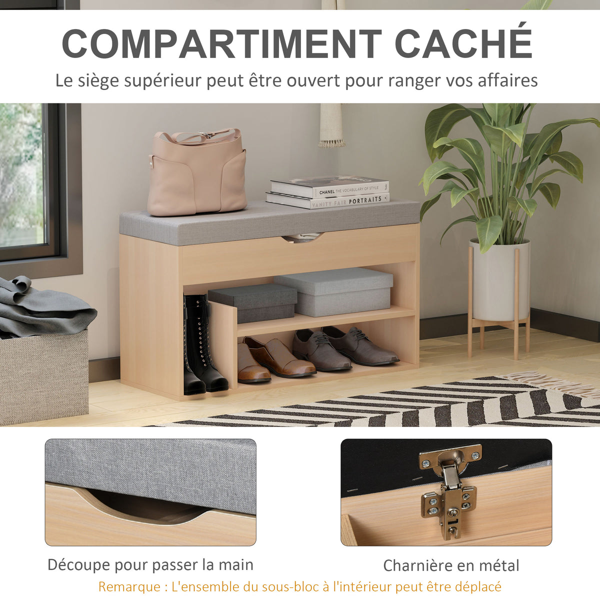 Meuble Chaussures Banc à Chaussures 2 Niveaux Rangement, Niche + Coffre intégré avec Coussin Beige Gris-4