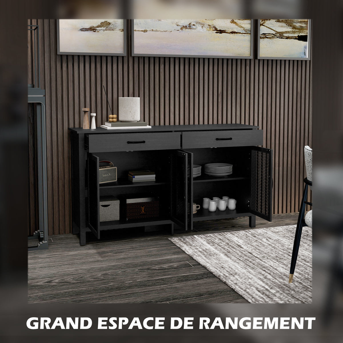 Buffet bas meuble de rangement 4 portes avec étagères réglables et 2 tiroirs style industriel 150 x 40 x 85 cm noir-3