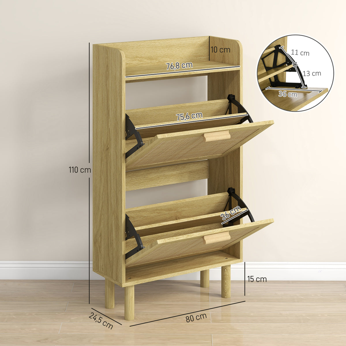 Meuble à chaussures 2 portes abattants étagère effet rotin tissé design bohème - dim. 80L x 24,5l x 110H cm-2