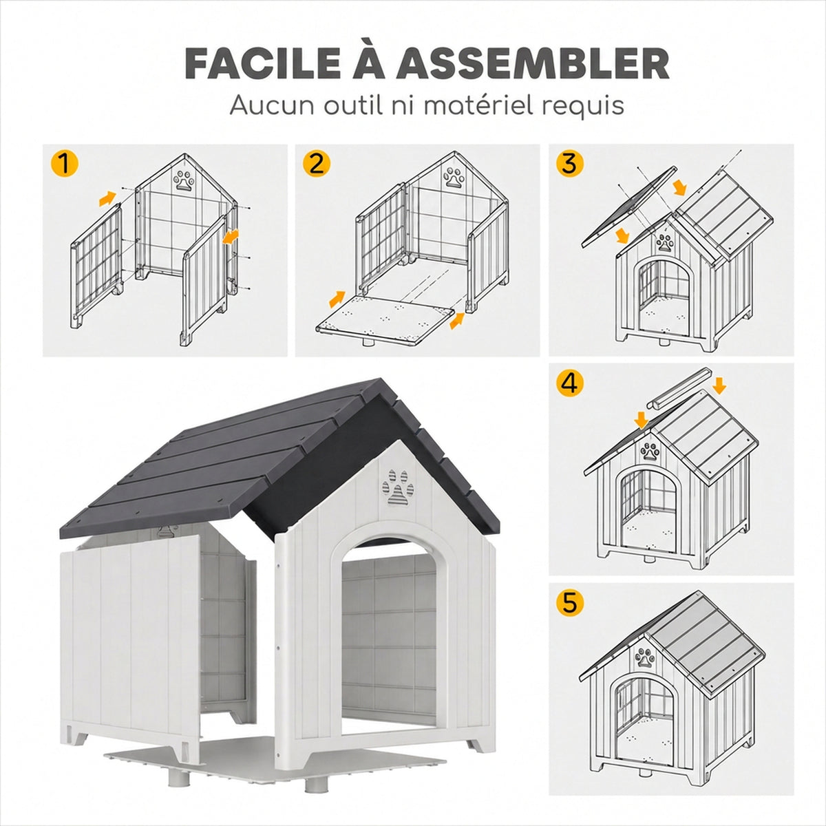 Niche pour chien extérieur, maison chien en polypropylène imperméable ventilé plancher surélevé 76x66x77cm gris clair-6