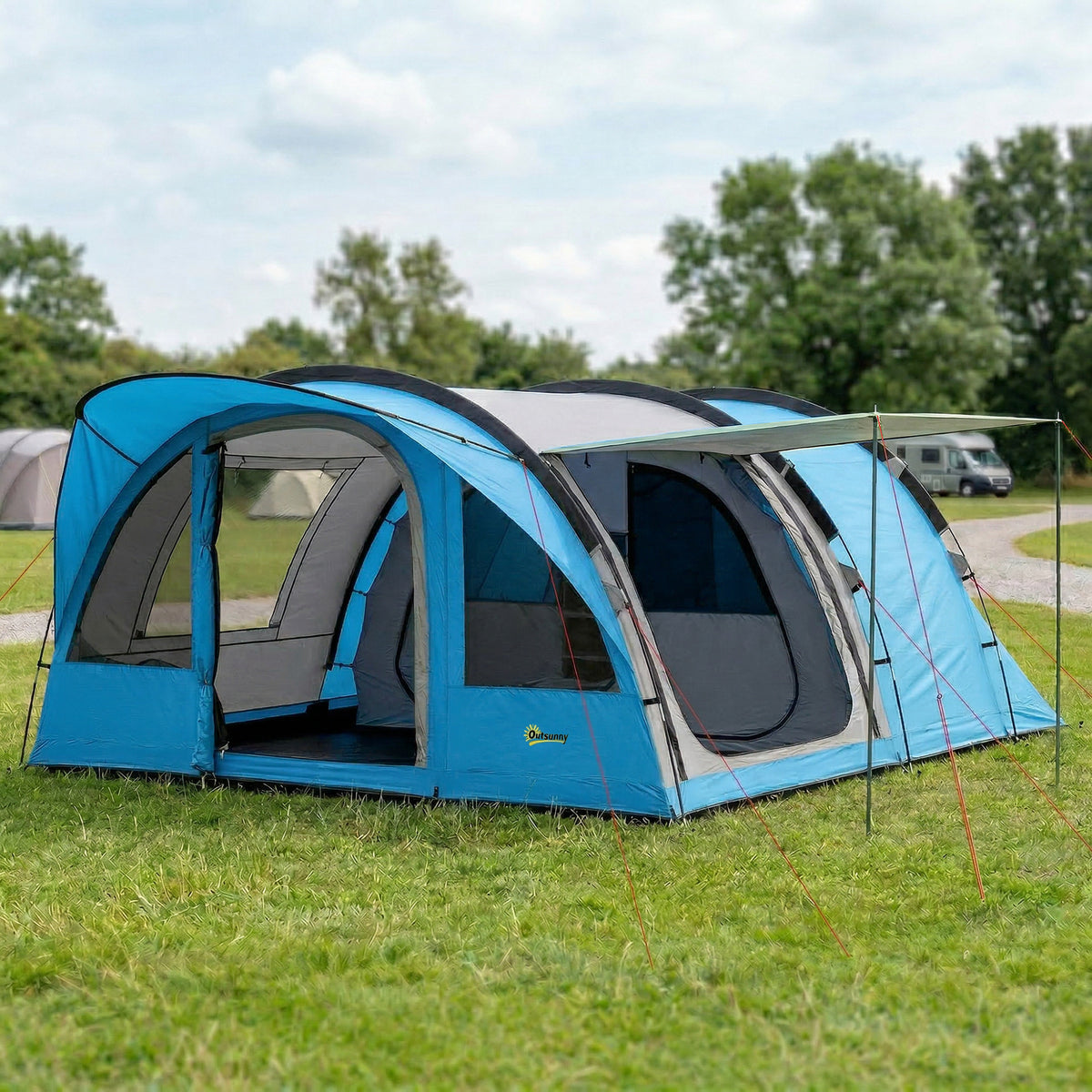 Grande Tente Tunnel Camping 4 Personnes 3-4 Saisons Hauteur d'Homme 2 m Séjour XL 3,7 m Imperméable 3000mm Bleu-1