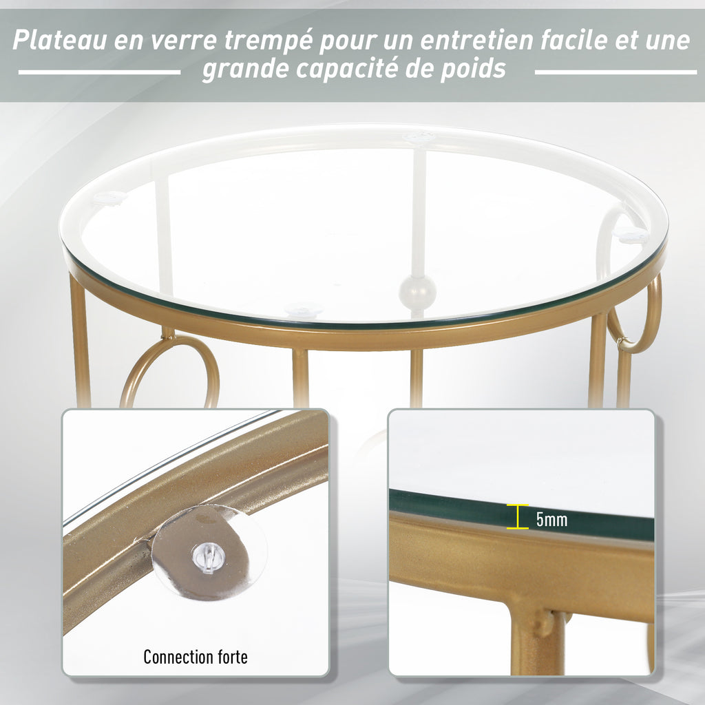 Tables gigognes Lot de 2 Tables Basses Rondes Design Style Art déco Ø 41 et Ø 36 cm métal doré Verre trempé 5 mm-5