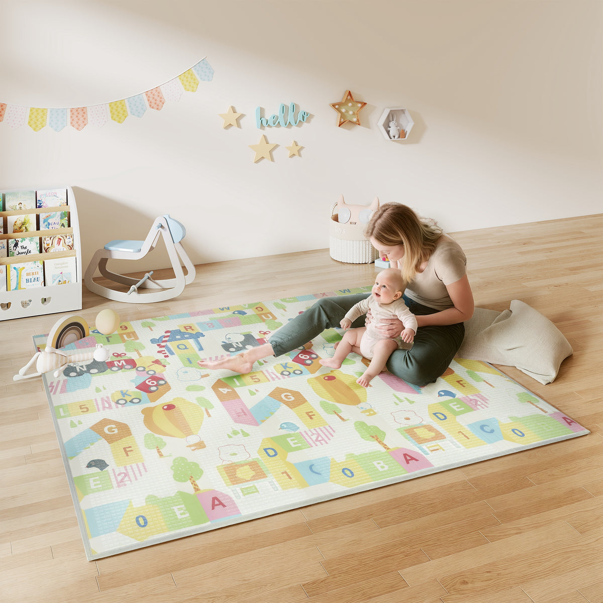 Tapis de jeu pour bébé pliable et réversible, tapis de sol en mousse épais, 200 x 180 x 1,5 cm, multicolore-1