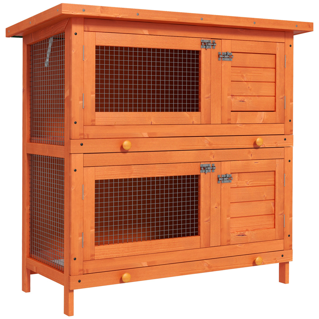 Clapier à lapin cage à lapin double niveau plateaux coulissants 4 portes verrouillables toit ouvrant 90L x 45l x 90H cm-0