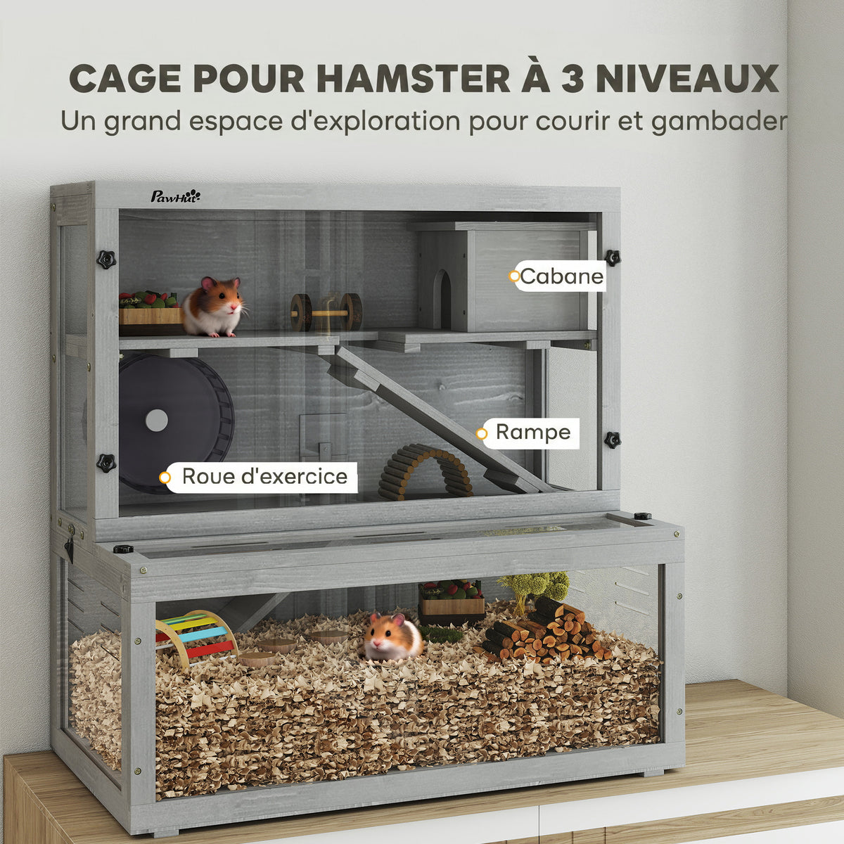 Cage Hamster en Bois, 3 Niveaux avec Cabane, Roue, Rampes, Panneau Transparent, Espaces Séparés, 80x50x84cm, Gris-3