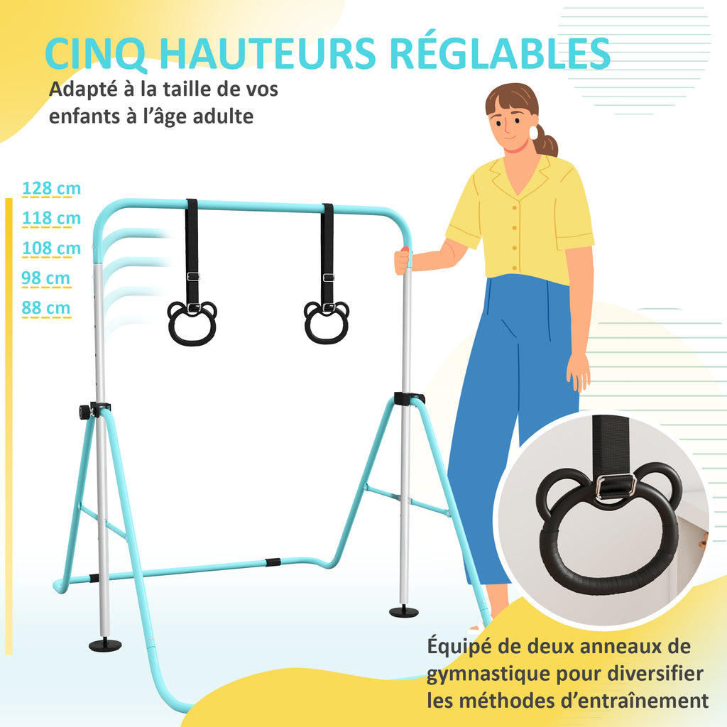 Barre de gymnastique pour enfants, barre horizontale pliable à hauteur réglable avec anneaux de gymnastique, cyan-3