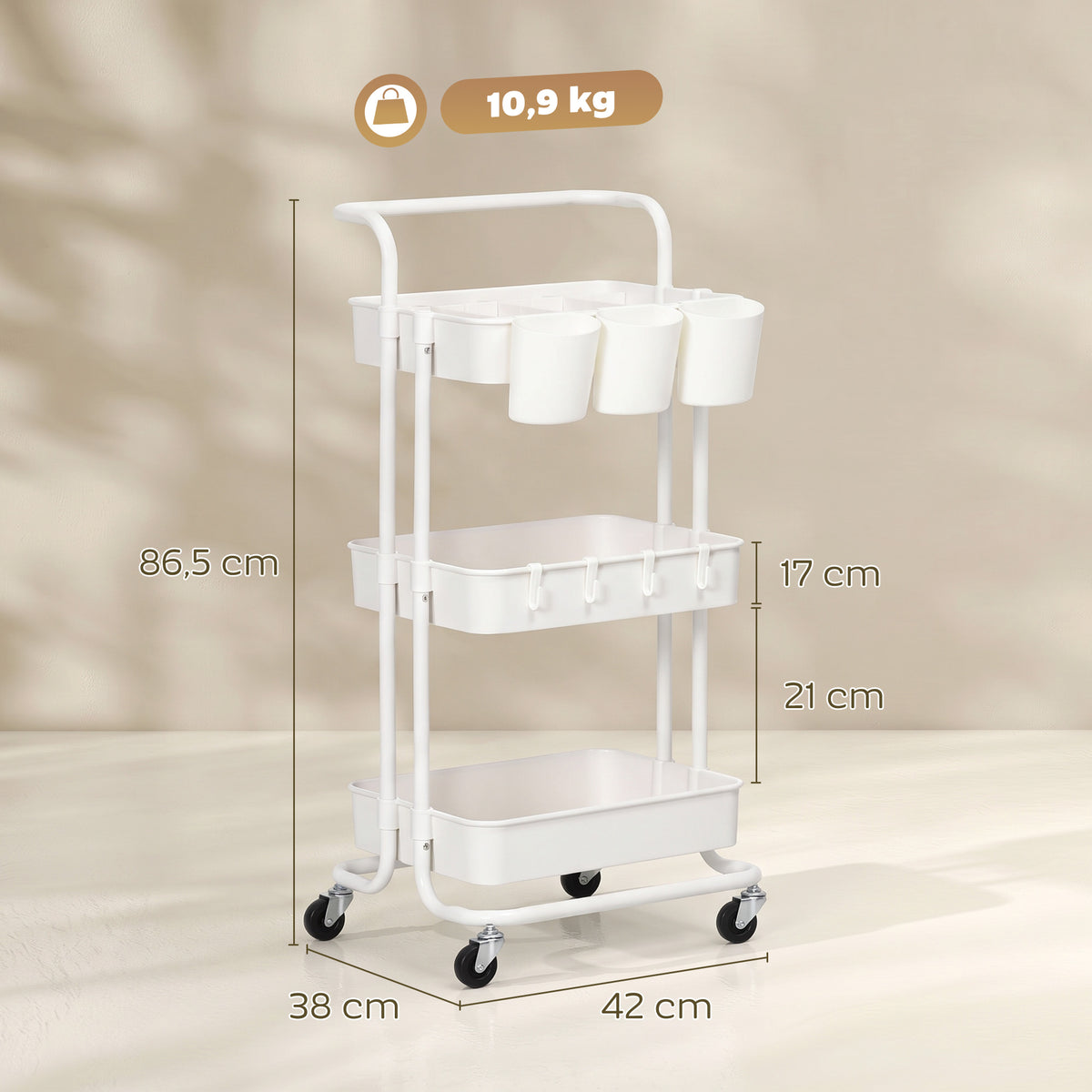 Chariot à 3 niveaux desserte avec 4 crochets et 3 boîtes suspendues amovibles pour 42 x 38 x 86,5 cm blanc-2