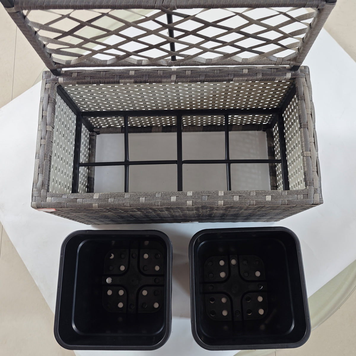 Jardinière pour plantes avec treillis 2 bacs à plante 22L en résine tressée et acier galvanisé 57 x 30 x 107 cm gris-7